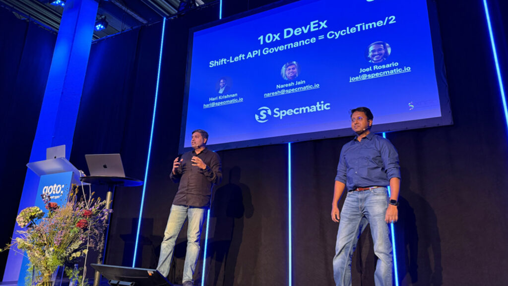 Speakers presenting on API Governance at tech conference.