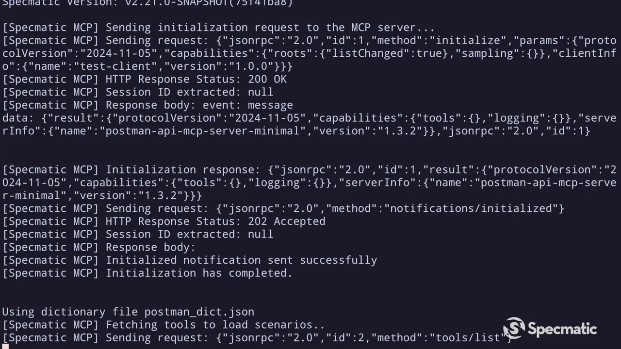 Specmatic running tests, showing logs and test execution