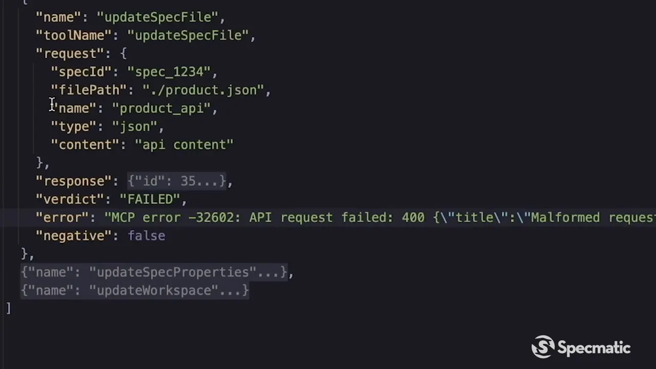 Request showing all three keys being sent to update spec file tool