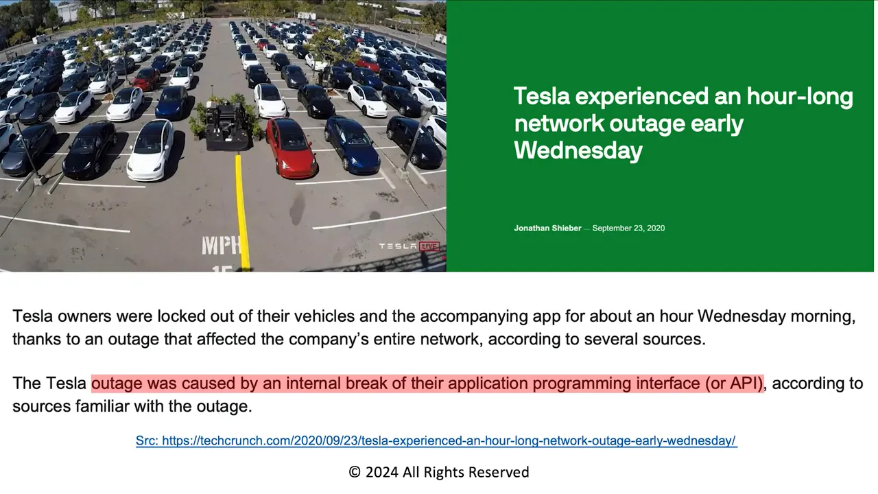 Slide and article screenshot: 'Tesla experienced an hour-long network outage early Wednesday' with body text highlighting that the outage was caused by an internal break of their application programming interface (API).