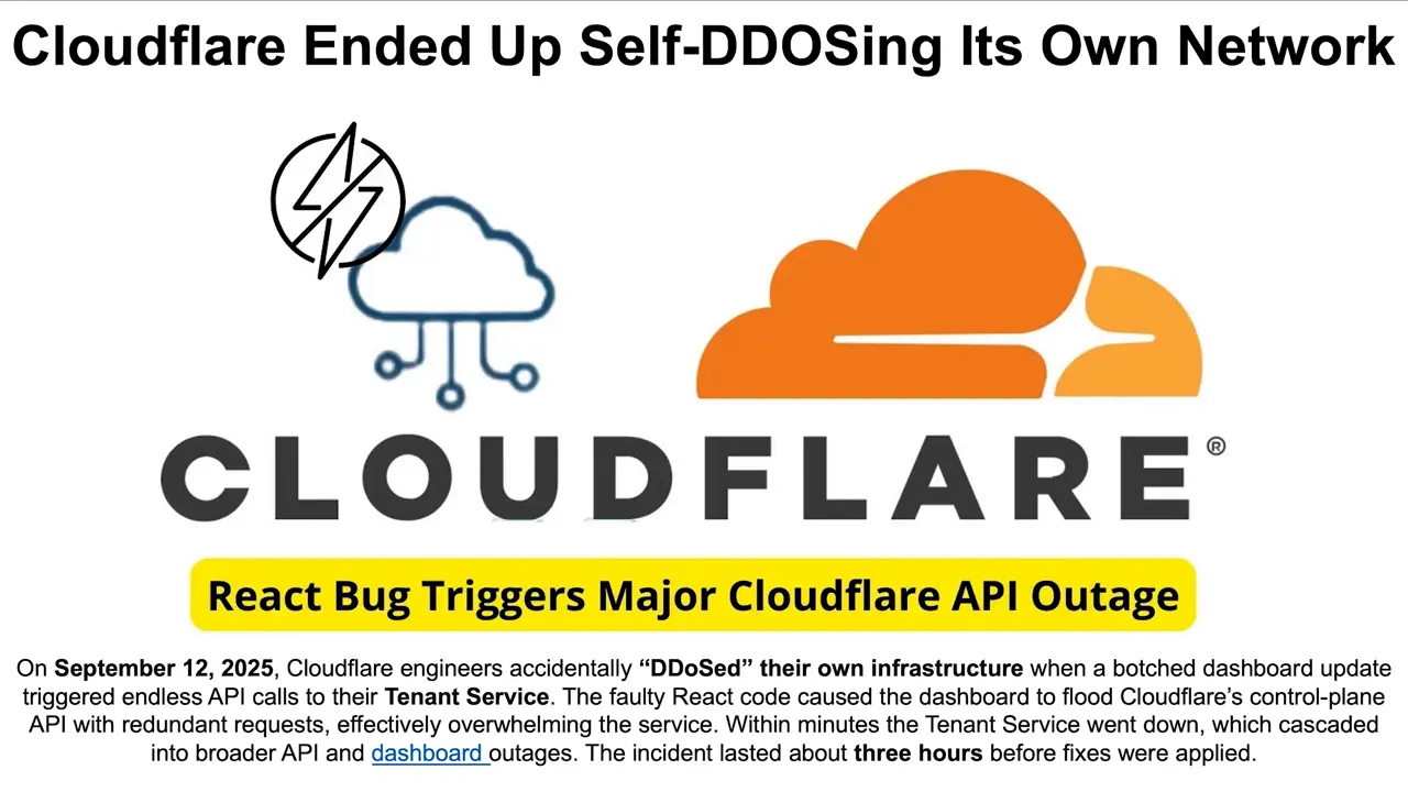 Slide with Cloudflare logo and headline 'React Bug Triggers Major Cloudflare API Outage' describing a self‑DDoS incident.